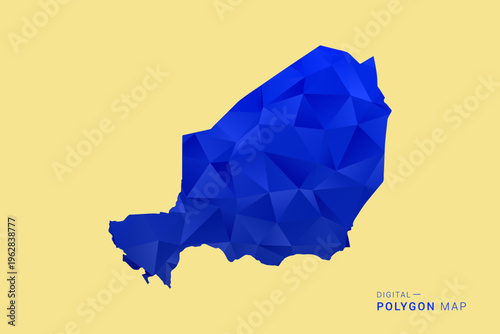 Niger Map - Low poly polygon map in deep blue gradient on soft beige background, modern minimal geometric design, clean abstract vector illustration with faceted triangulated style.