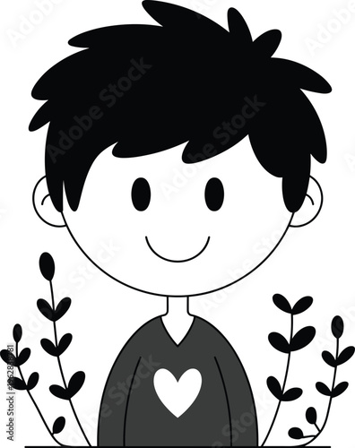 Cute cartoon boy character, smiling face portrait, simple doodle style illustration, happy kid with heart shirt, children vector