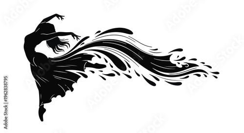 Dancer in a graceful pose transforms into a flowing stream of liquid water, illustrating a dynamic and artistic representation of human movement merged with fluid organic natural elements.