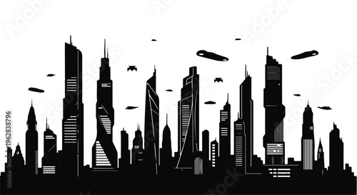Cityscape of a futuristic metropolis features towering high-rise buildings and advanced flying transport vehicles navigating through the air in a stylized black and white graphic illustration.