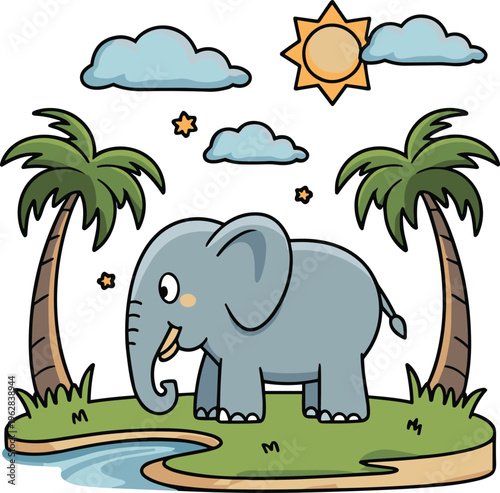 Cute elephant cartoon in tropical jungle landscape with palm trees, sun and clouds, animal vector illustration