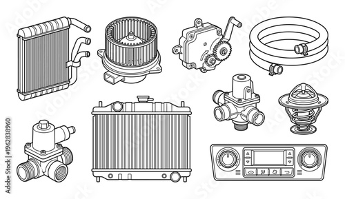 Automotive cooling and climate control components in line art on transparent background