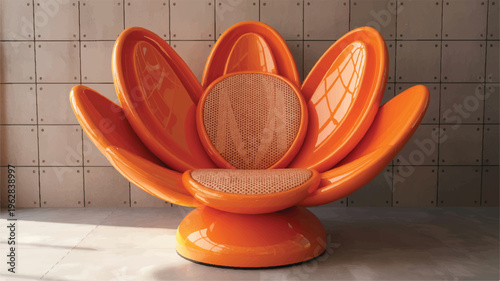 Vibrant orange flower shaped chair with wicker seat and backrest in modern room