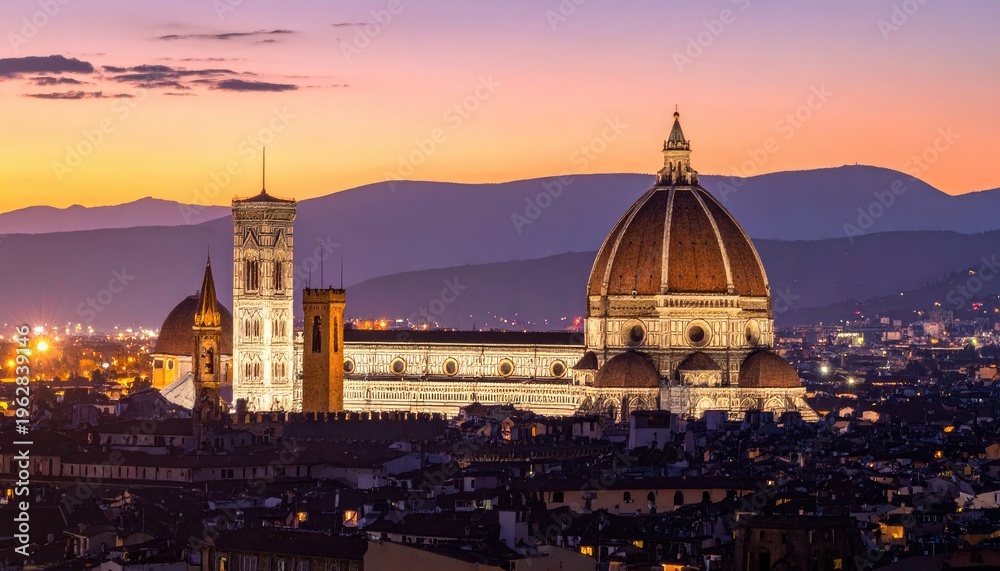Fototapeta premium Florence Cathedral and Giotto's Campanile illuminated at dusk.