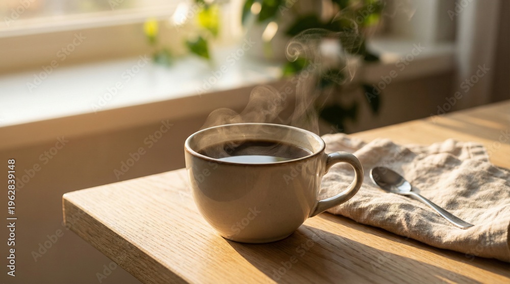Fototapeta premium Peaceful Coffee Break with Soft Sunlight and Minimalist Wooden Table Composition