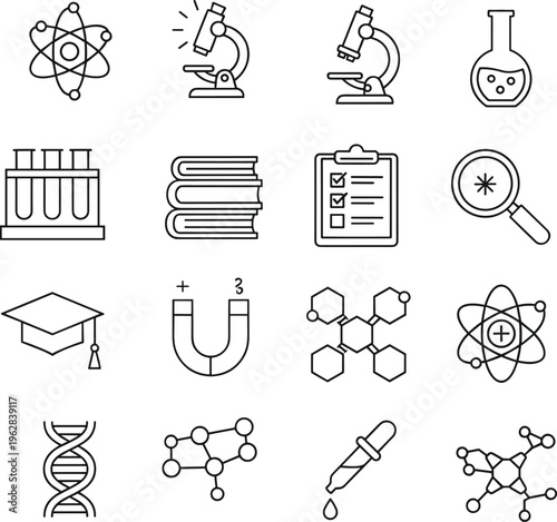 Education science icon set featuring atom, microscope, beaker, DNA, graduation cap, magnet, molecules, books, and laboratory equipment in outline style.