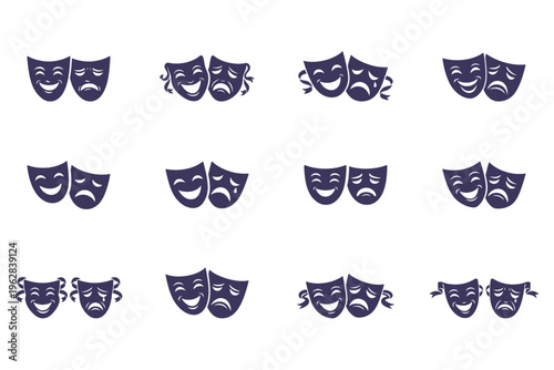 Set of 12 Theater Comedy and Tragedy Masks Icons in a Grid, Representing Drama and Performance