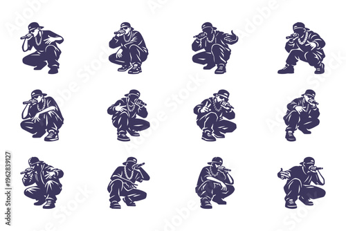 Rapper Performance Set, Dynamic Poses with Microphone, Hip Hop Culture Iconography
