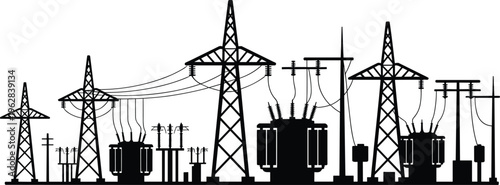 Electric power grid silhouettes, transmission towers and transformers, electricity distribution network, energy infrastructure, industrial power station vector