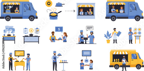 Food truck business and street market vector set with cooking, serving customers, small restaurant workflow and mobile cafe illustration collection
