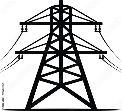Electric power transmission tower silhouette, high voltage electricity pylon, energy infrastructure vector illustration isolated design