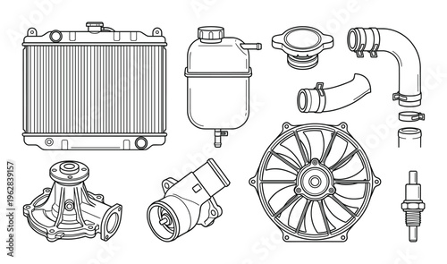 Automotive cooling system parts collection with radiator fan pump and hoses on transparent backdrop