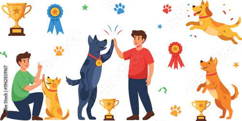 Dog training and obedience vector set with owner teaching tricks, awards, trophies and happy pets, canine behavior illustration collection