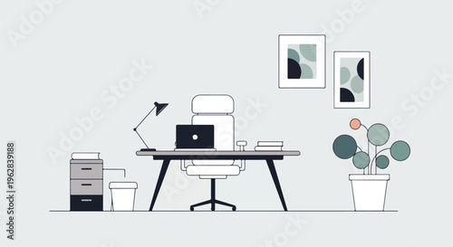 Minimalist illustration of a workspace with desk, laptop, chair, art and plant