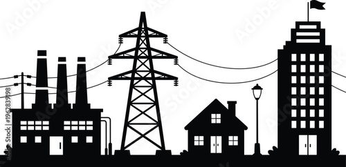 Electric power supply silhouettes, transmission tower, factory plant, city building, residential house, electricity distribution infrastructure illustration