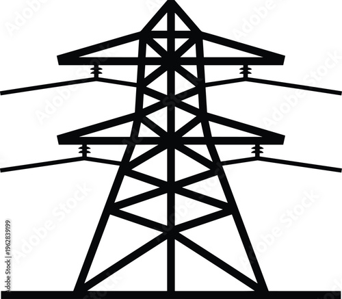 Electric power transmission tower silhouette, high voltage electricity pylon, energy infrastructure, power grid industry vector illustration