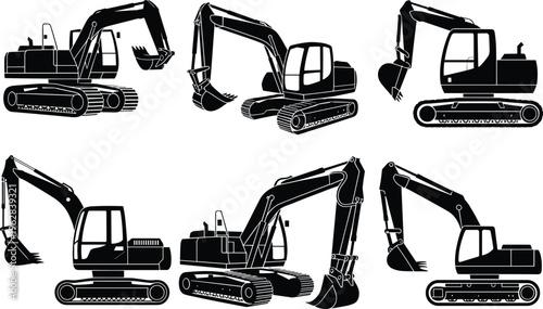 Excavator Silhouette Collection, Heavy Construction Machinery Vector Set With Crawler Diggers For Industrial And Engineering Design Projects
