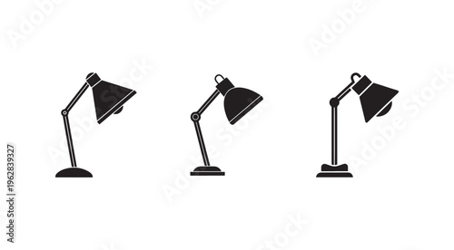 Three black desk lamps with adjustable arms and shades in different positions on white background  office lighting  simple design