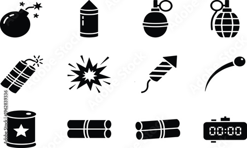 Explosive icon set featuring bombs, grenades, dynamite sticks, firework rocket, blast effect, countdown timer, and hazardous barrel for gaming and interface design.
