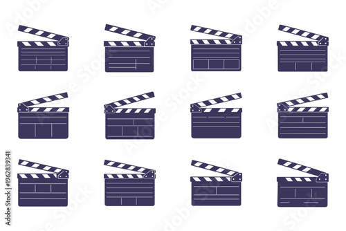 Flat design clapboard icons showing open and closed states for film, movie, and video production concepts.