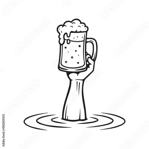 Hand Holding Beer Mug Emerging from Water Funny Doodle Line Art Illustration
