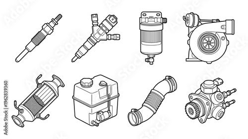 Automotive engine and exhaust system parts isolated on checkered background isometric outline vector