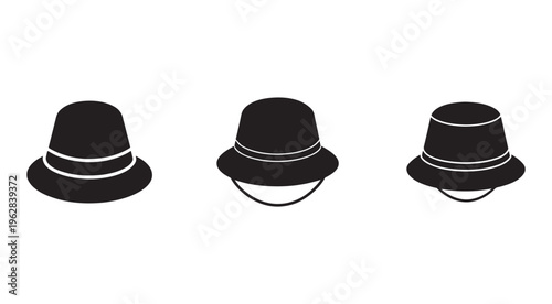 Three black fedora hats with white stripes and chin straps isolated on white background  fashion accessories