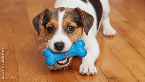 Charming Jack Russell puppy with wiry fur enjoys a blue rubber bone on a wooden floor. Close-up with ample background space