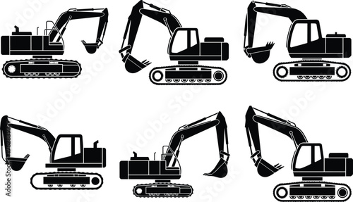 Excavator Silhouette Collection Set, Crawler Construction Machinery Black Vector Illustration For Heavy Equipment Industry Design