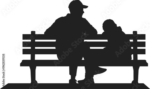 Father and child sitting on park bench silhouette, family bonding moment, parenting love concept vector illustration