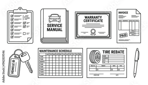 Automotive paperwork and documents including service manual warranty certificate invoice and checklist
