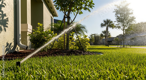 A high-efficiency garden sprinkler sprays a steady stream of water across a lush green lawn during a sunny morning
