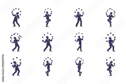 Collection of Juggling Silhouettes on White, Skillful Performers