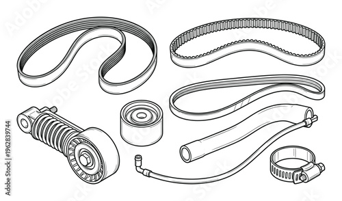 Automotive timing belt and cooling system components set including tensioner pulley hose and clamp