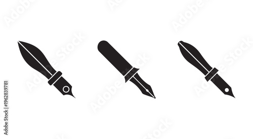 Three black fountain pen nibs with different designs and angles on white background  writing instruments for art and calligraphy