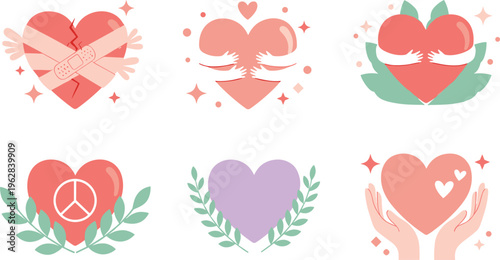 Heart symbols with care, healing and peace concepts vector set, love, protection, support and wellness illustration collection