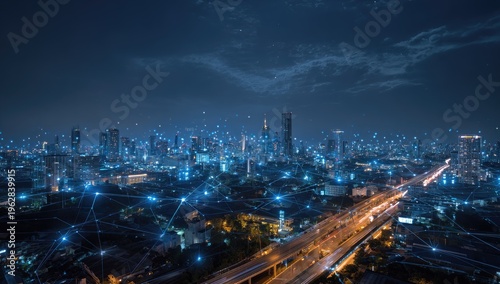 Futuristic city illuminated at night with glowing digital network overlay