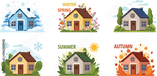 House in four seasons vector illustration set with winter, spring, summer and autumn homes, seasonal landscape changes, cozy residential collection