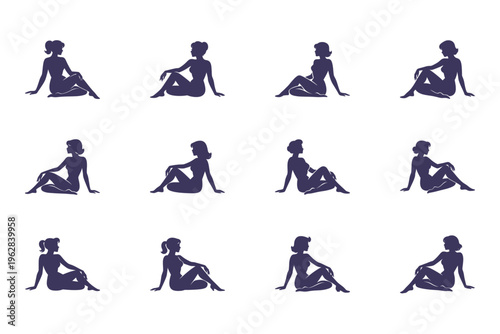 yoga poses, woman silhouette, meditation icons, fitness illustrations