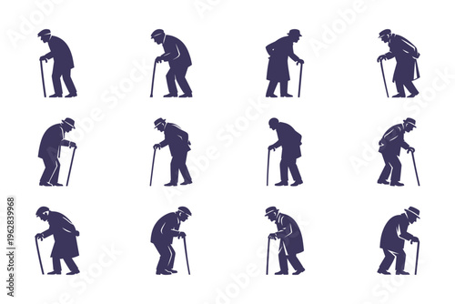 Elderly Silhouettes Walking with Canes - Senior Mobility Aid Illustration Set