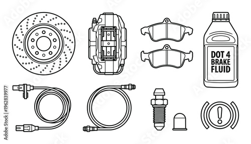 Brake system components collection with disc rotor caliper pads and fluid bottle on checkered background