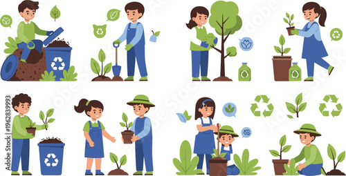 Kids gardening and recycling vector set with children planting trees, composting, eco activities and environmental protection illustration collection