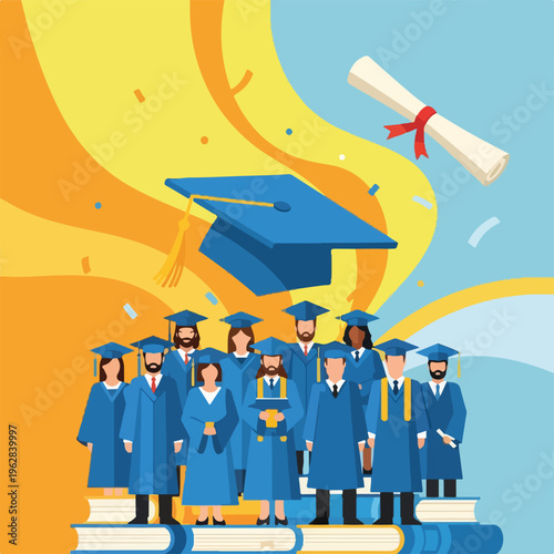 Illustration of a graduation ceremony with students in blue robes