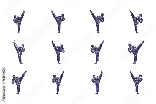 Martial arts silhouette illustrations, karate poses, kickboxing movements