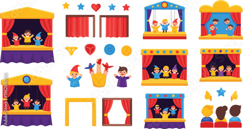 Kids puppet theater vector set with stage, curtains, audience and performers, storytelling play, children entertainment illustration collection