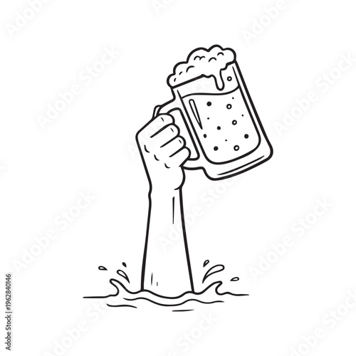 Hand Holding Beer Mug Emerging from Water Funny Doodle Line Art Illustration
