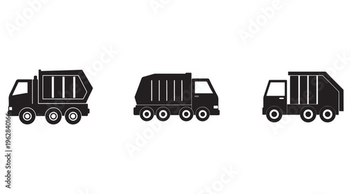 Three black garbage trucks with different designs  side view  for urban sanitation and waste management purposes  simple illustrations
