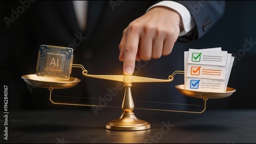 Businessman touching glowing law scales icon with AI and policy document symbols. Concept of artificial intelligence governance, digital ethics, legal compliance, and corporate regulations.