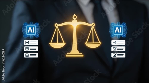 Businessman touching glowing law scales icon with AI and policy document symbols. Concept of artificial intelligence governance, digital ethics, legal compliance, and corporate regulations.
