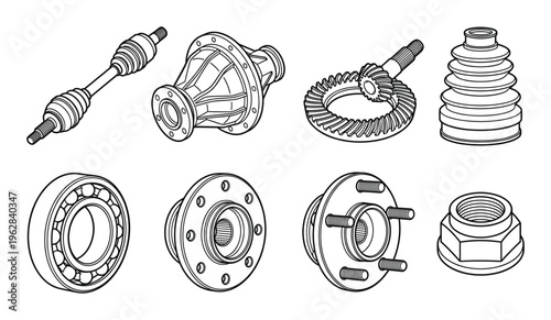 Car drivetrain and wheel components isolated on checkered background isometric outline vector